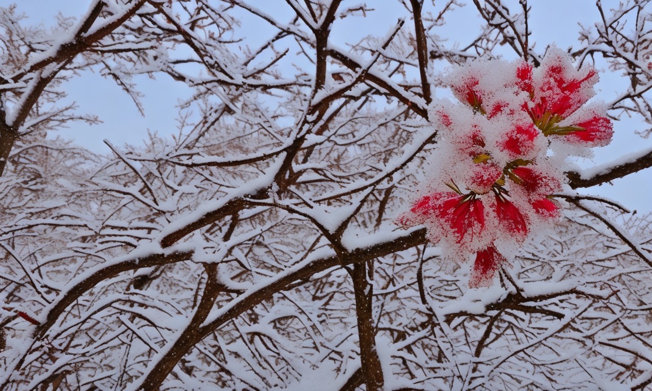 大雪覆盖的树枝上生长出红色的梅花